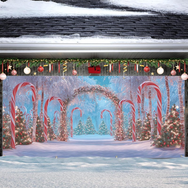 ANNA QUEEN Snowy Candy Cane Arch Christmas Garage Door Banner 6 x 13FT, Holiday Season Winter Wonderland Outdoor Garage Decoration for Parties Home Decor - Image 2